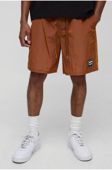 Relaxed Fit High Shine Crinkle Nylon Shorts - burnt orange