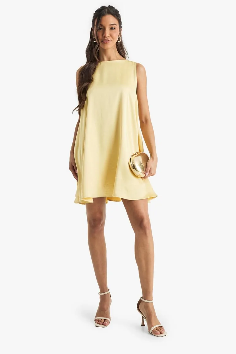Textured Satin Slash Neck Tie Back Swing Dress - lemon
