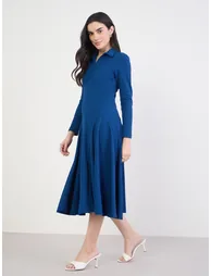 Women Navy Blue Long Sleeves A-Line Midi Dress - 1