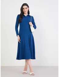 Women Navy Blue Long Sleeves A-Line Midi Dress - 2