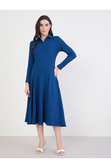 Women Navy Blue Long Sleeves A-Line Midi Dress