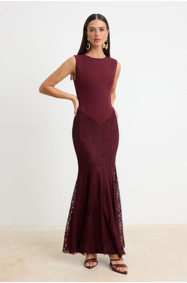 Burgundy Plain Lace Detailed Woven Lace Maxi Evening Dress & Graduation Dress