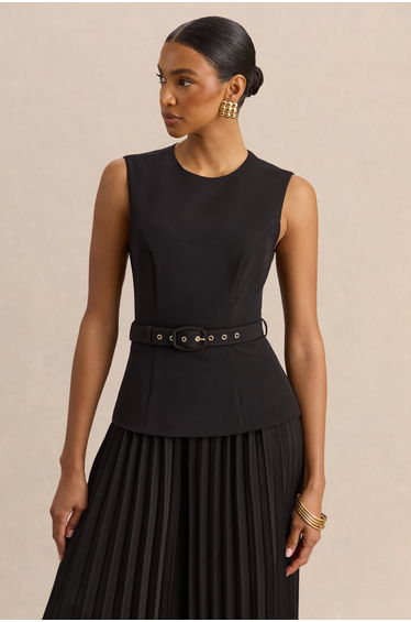 Karienne | Black Round-Neck Top With Belted-Detail