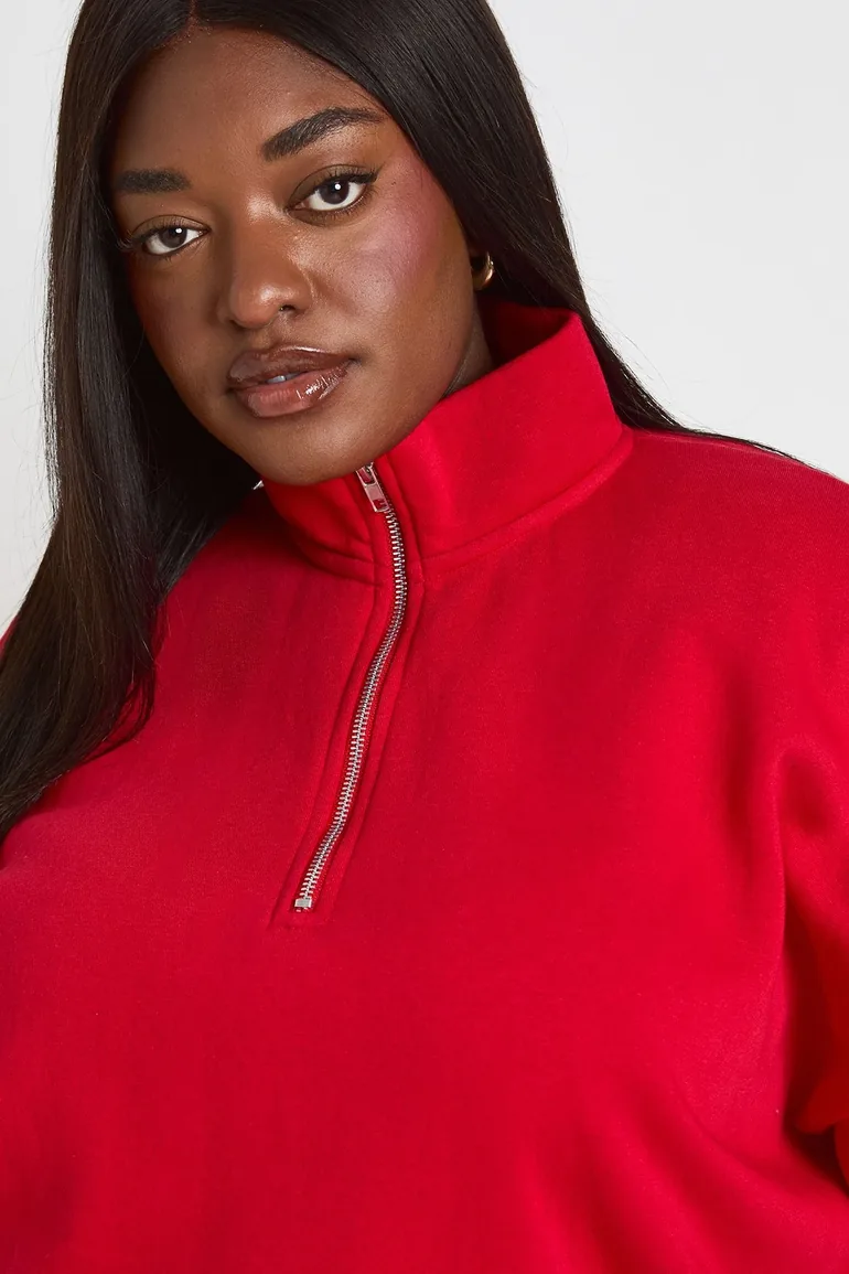 Plus Oversized Half Zip Sweatshirt - red - 3