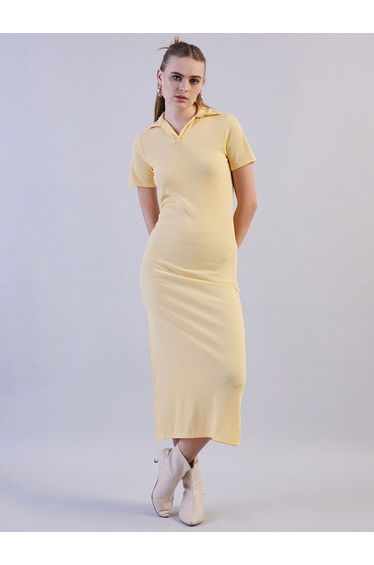 Women Yellow Ribbed Midi Dress