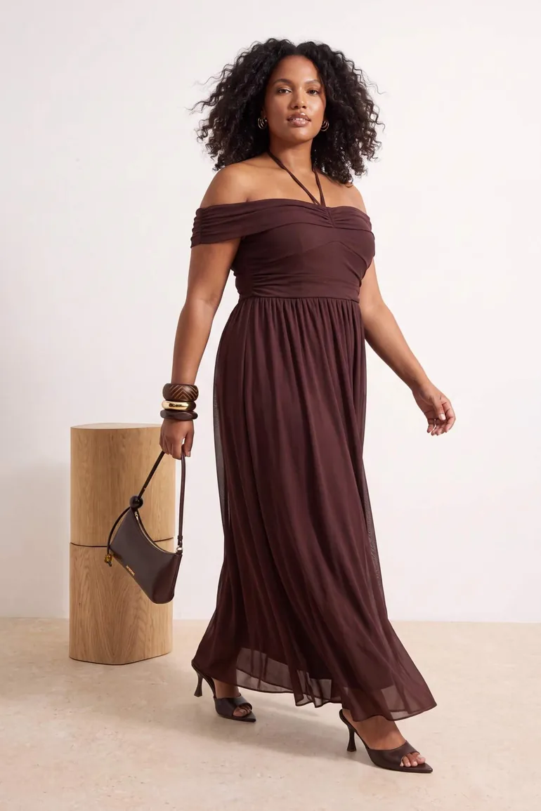 plus size brown maxi dress Women's Seliat Cascade Dress- This dress features a body Rosumi Women's Plus Size Brown