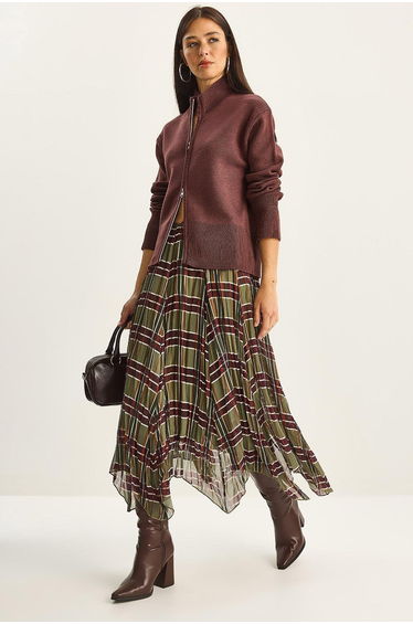 Women's Plaid Patterned Wrinkle Effect Lined Midi Chiffon Skirt - Green