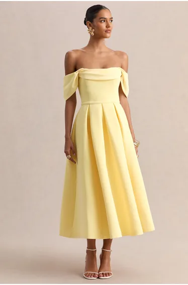 Cosima | Lemon Bardot-Neck Midi Dress