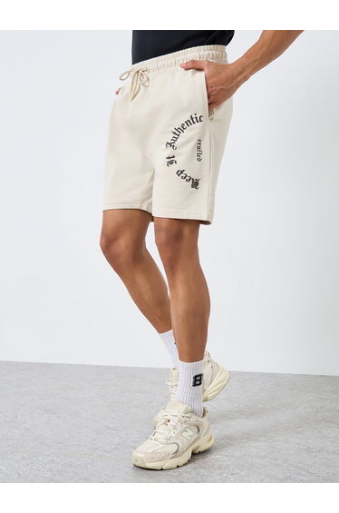 Men Beige Slogan Print Regular Fit Shorts