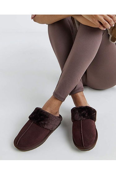 Faux Fur Lined Suede Mule Slipper Wide