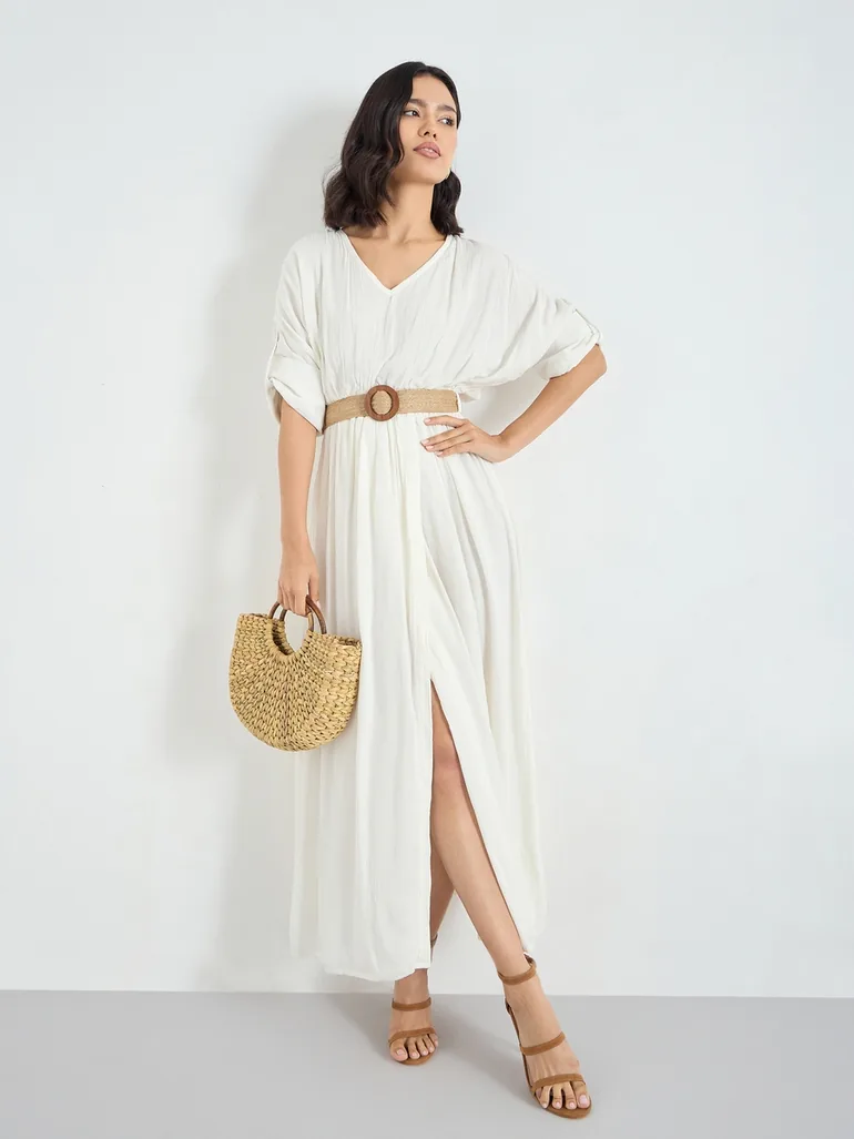 White Belted Maxi Dress Styli White : Day Dresses : VogaCloset Bahrain