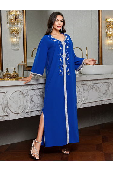 Embroidered V-Neck A-Line Jalabiya with Tassels Detail
