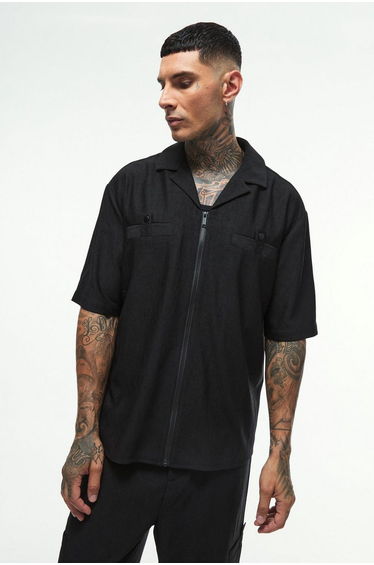 Tall Textured Pleated Zip Up Shirt - black