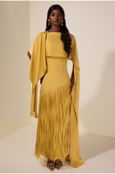 Solid Satin Tassel Maxi Dress With Cape
