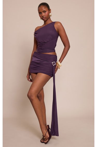Deep Purple Double Layer Slinky Ruched One Shoulder Top