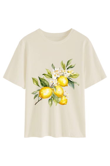 Lemon Tree Flower Printed Round Neck T-Shirt