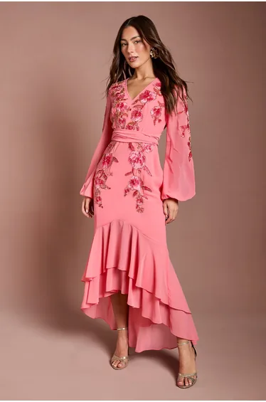 فستان كوست فاشن شيفون برتقالي ماكسي على شكل حرف A بأكمام طويلة