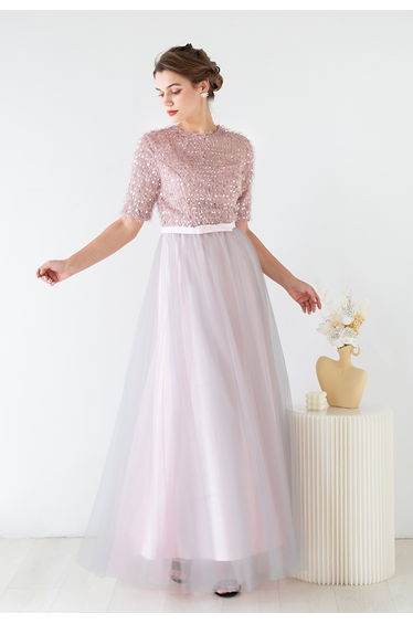 Fringed Sequined Short-Sleeve Mesh Gown