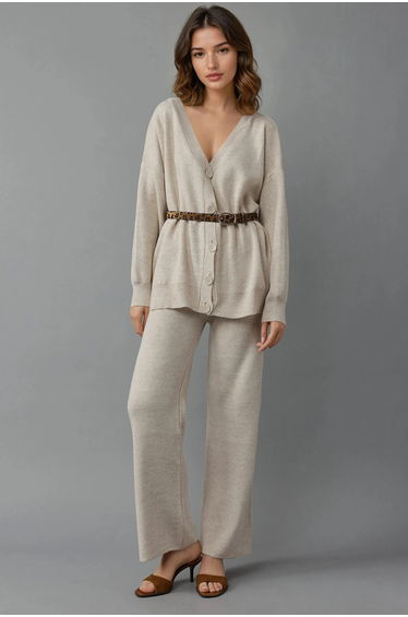 MY FASHION V-Neck Cardigan and Wide Leg Pants Knitwear Set