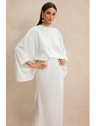 Faux Pearl Batwing Sleeve Top & High Waist Midi Skirt Set - 2