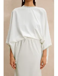 Faux Pearl Batwing Sleeve Top & High Waist Midi Skirt Set - 6