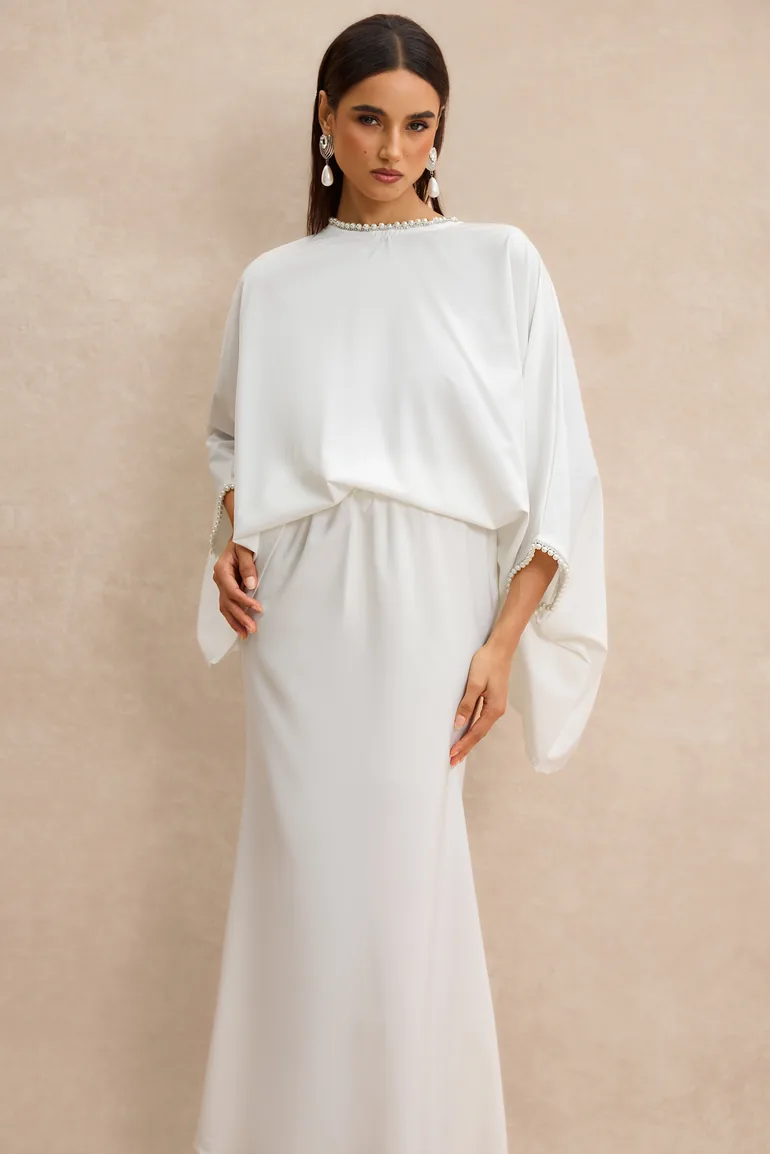 Faux Pearl Batwing Sleeve Top & High Waist Midi Skirt Set - 3