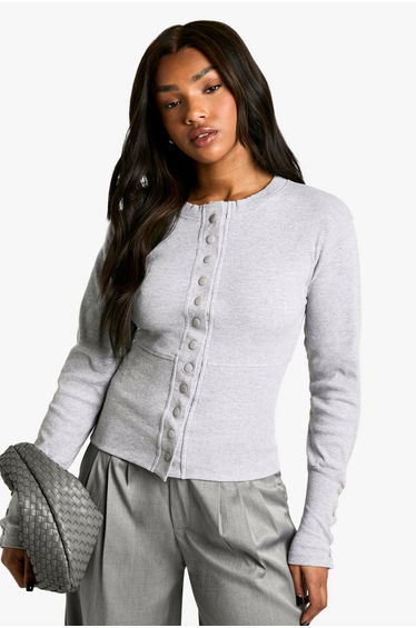 Ribbed Popper Cinched in Waist Long Sleeve Top - grey marl
