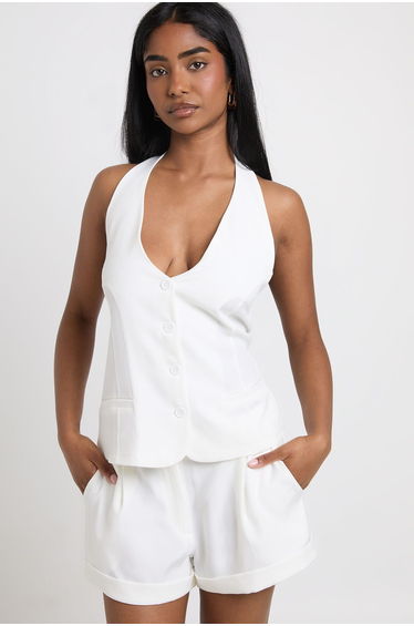 Marl Button Front Halterneck Waistcoat - white