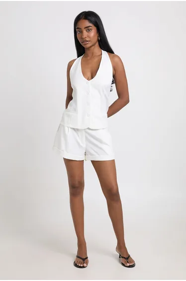 Marl Button Front Halterneck Waistcoat - white