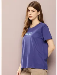 Women Blue Boxy Fit Embossed Print T-Shirt - 3