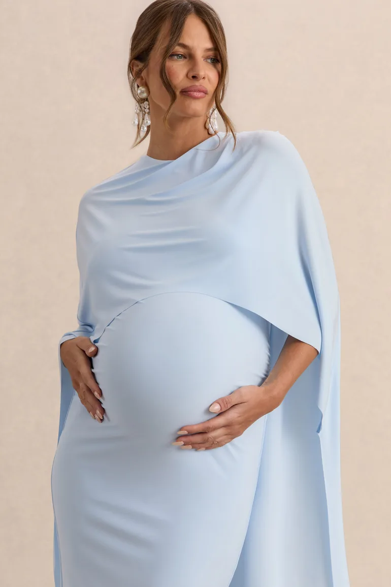 Arwen | Powder Blue Round-Neck Maternity Midi Dress With Cape Detail - 3