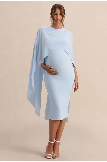 Arwen | Powder Blue Round-Neck Maternity Midi Dress With Cape Detail