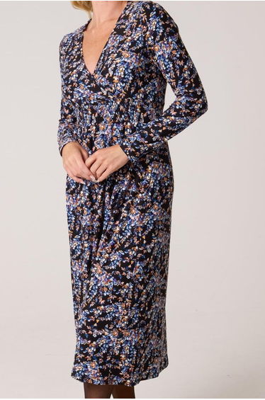 V Neck Wrap Long Sleeve Midi Dress