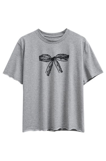 Bowknot Pattern Cotton T-Shirt in Grey