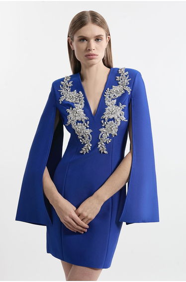 Bandage Form Fitting Cape Sleeve Embellished Mini Dress