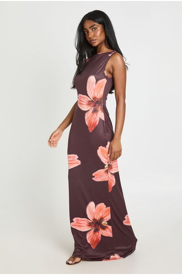 Slash Neck Floral Super Soft Maxi Dress - orange