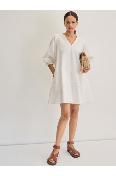 White Cotton Linen Mini Dress with 3/4 Sleeves