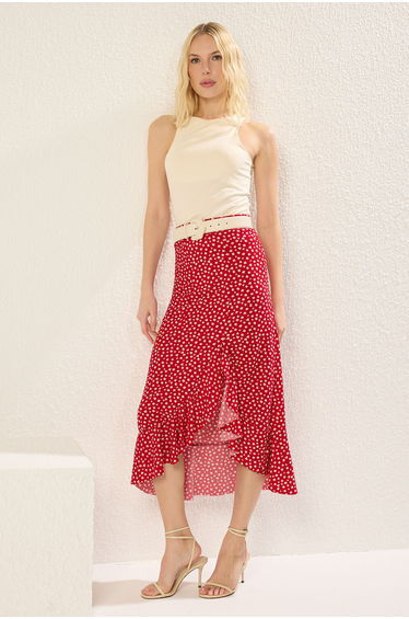 Red Polka Dot Ruffle Slit Elastic Midi Knitted Skirt