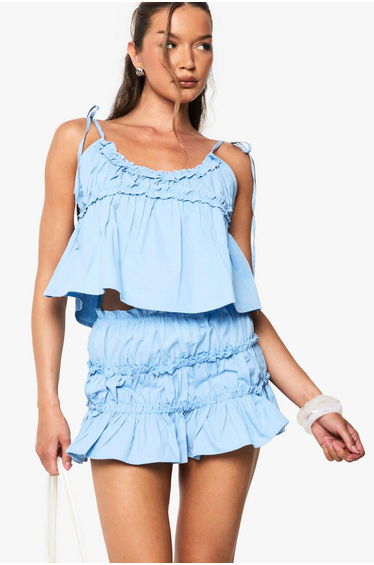Cotton Poplin Ruched Mini Skirt - baby blue