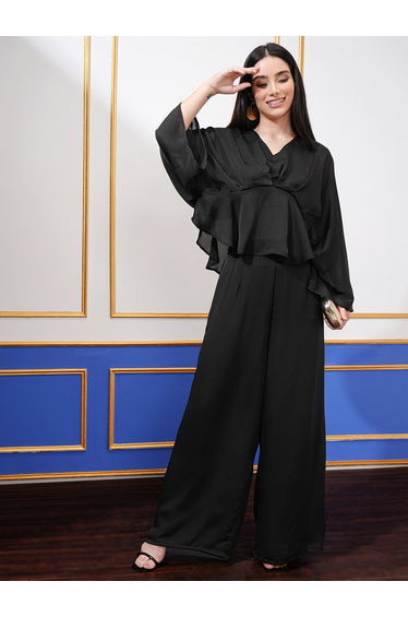 Solid V-Neck Pleated Batwing Sleeve Tunic With Palazzo Co-Ords