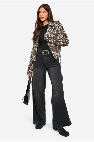 Leopard Print Denim Biker Jacket - leopard