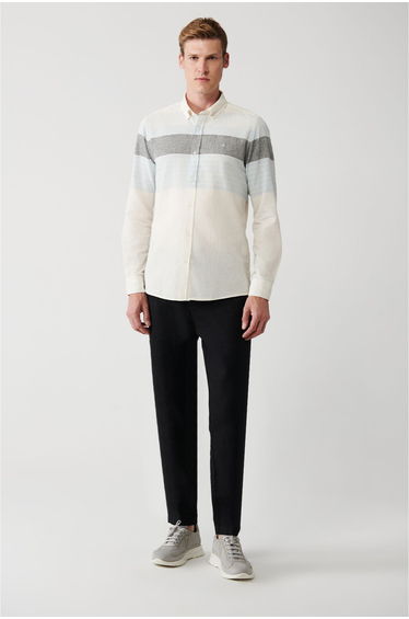 Men's White Cotton Linen Blended Buttoned Collar Striped Shirt