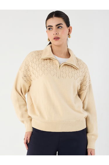 Beige Collared Half Pulle Sweater