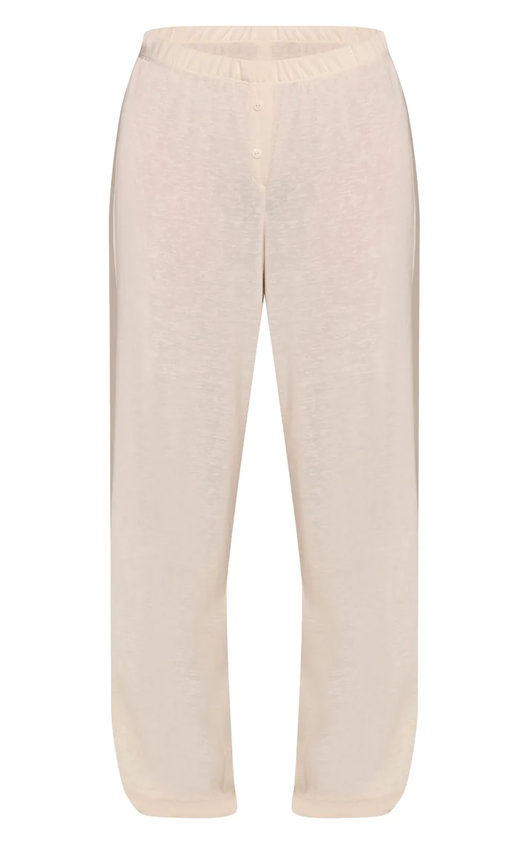 Butter Cream Marl Slub Jersey Button Detail Wide Leg Trouser - 4