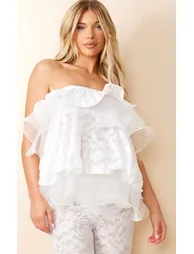White Sheer Textured Lace Tiered Ruffle Bandeau - 3