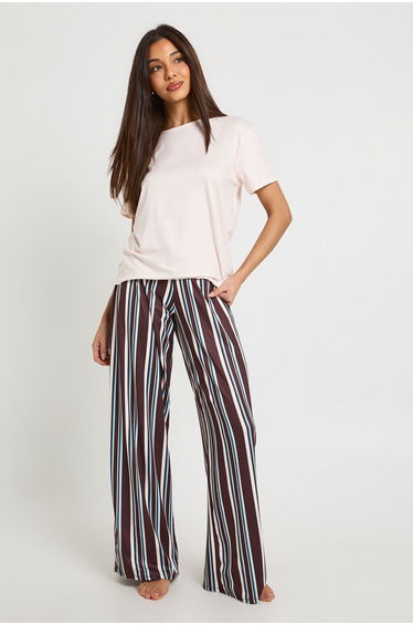 Stripe Oversized T-Shirt & Trousers Pyjama Set - brown