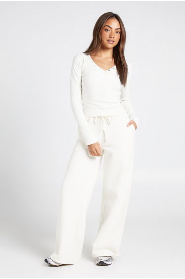 Button Detail Long Sleeve Top And Straight Leg Jogger Tracksuit - cream