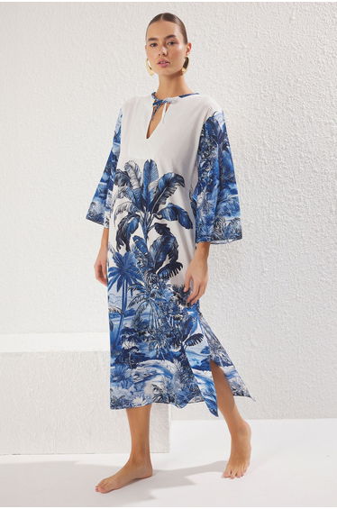 Tropical Patterned Maxi Woven 100% Cotton Tassel Beach Dress
