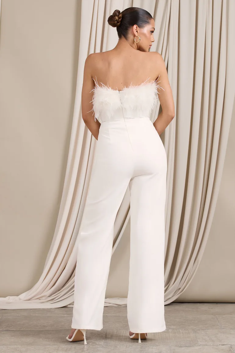 First Class | White Bandeau Feather Wide Leg jumpsuit - 4