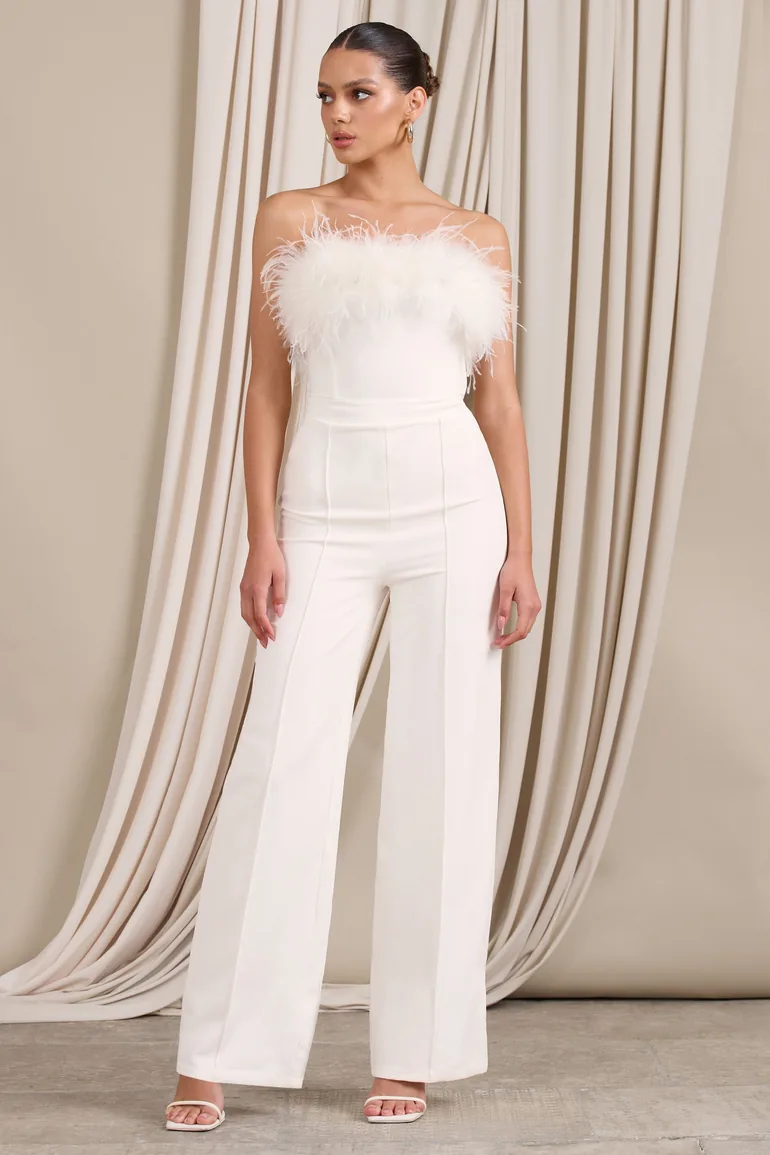 First Class | White Bandeau Feather Wide Leg jumpsuit - 1